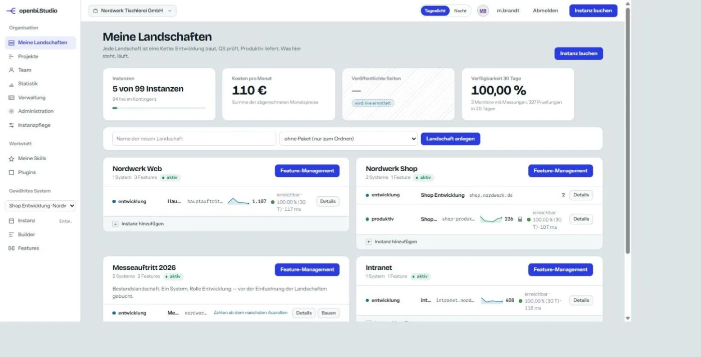 Das Dashboard einer Organisation: Landschaften mit ihren Stufen, Kosten je Monat und der Knopf „Landschaft anlegen
