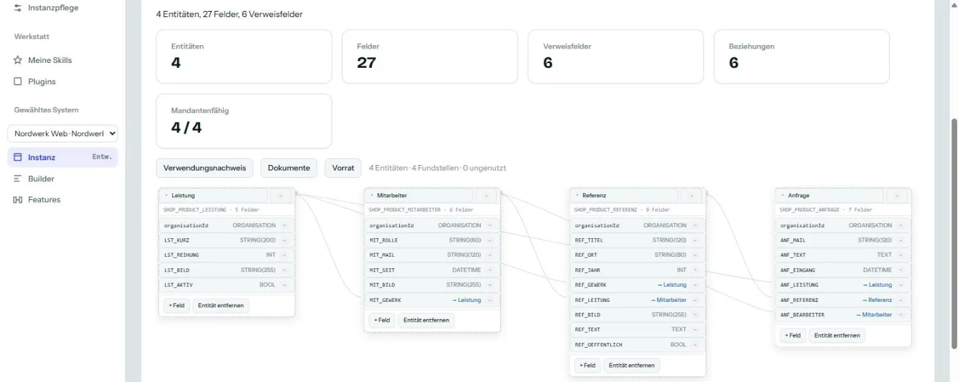 Der Reiter Datenmodell einer Instanz: Kennzahlen und ein gezeichnetes Beziehungsdiagramm der Entitäten.