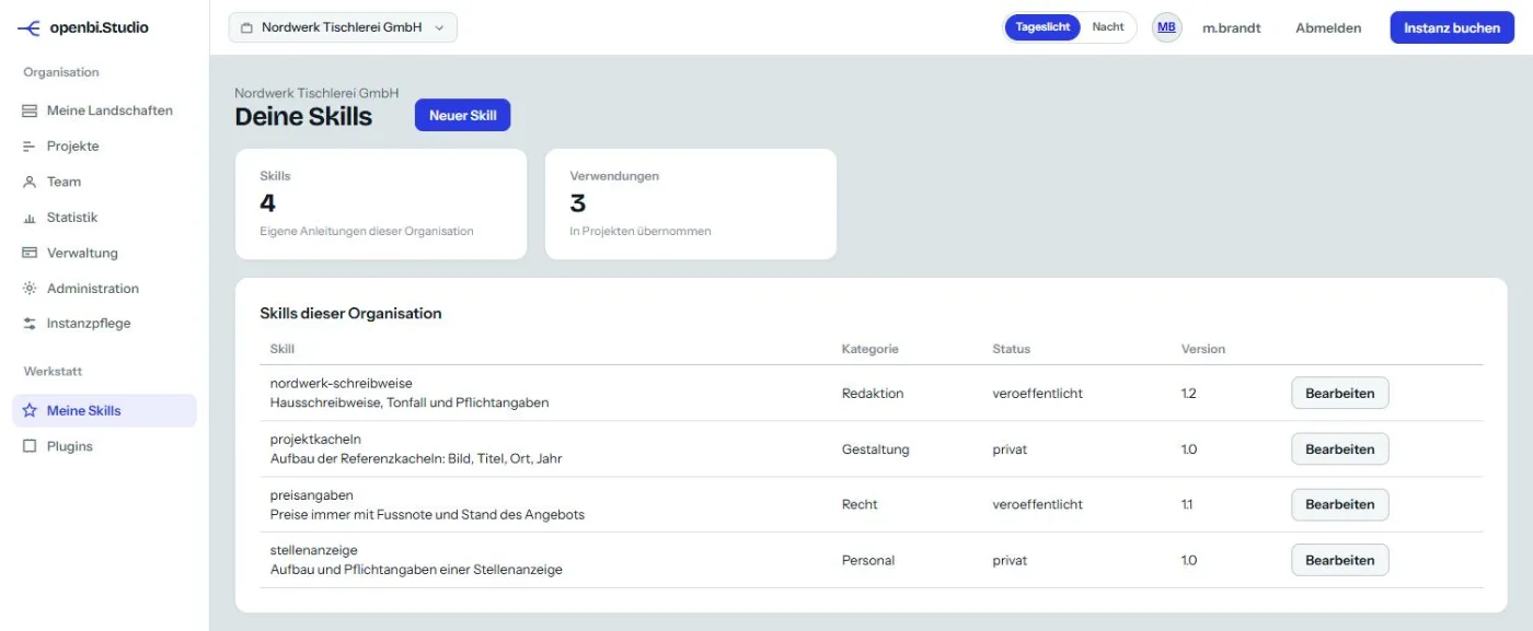 Die Skills einer Organisation: Schreibweise, Gestaltung, Recht und Personal, je mit Status und Fassung.