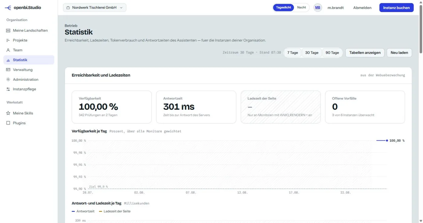 Die Statistikseite einer Instanz in openbi Studio: Seitenaufrufe im Zeitverlauf, meistbesuchte Seiten, Geraete und Herkunft.